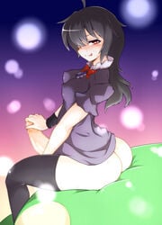 1futa :p ass black_hair black_legwear blush bottomless censored erect_nipples futa_only futanari heart heart-shaped_pupils intersex long_hair looking_back naughty_face nue_houjuu pandain red_eyes solo sweat symbol-shaped_pupils thighhighs tongue touhou ufo