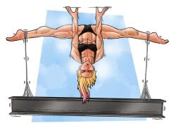 abs athletic_female black_bra black_panties blonde_female blonde_hair calf_muscles dyed_hair female flexible_female flushed girder gwen_stacy gwen_stacy_(spider-verse) hanging_from_ceiling marvel marvel_comics muscles muscular muscular_female panties pink_hair pointed_toes red_face sandspire shaking shaking_legs solo_female spider-gwen spider-man:_across_the_spider-verse spider-man:_into_the_spider-verse spider-woman splits sports_bra spread_legs straining sweat sweating sweaty toned_female tremble_lines trembling underwear upside-down webbing weightlifting workout