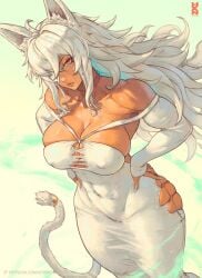 ahoge animal_ear_fluff animal_ears artist_logo artist_name backless_dress backless_outfit big_hair breasts choker cleavage covered_abs covered_erect_nipples covered_groin covered_navel dark-skinned_female dark_skin dress eyepatch fangs female ghislaine_dedoldia hip_vent howxen impossible_clothes lips logo long_eyelashes long_hair multiple_scars muscular muscular_female mushoku_tensei off-shoulder_dress off_shoulder one_eye_covered patreon_logo patreon_username scar skin_tight skindentation sleeves_past_wrists solo tail tail_ornament tail_ring white_dress white_hair