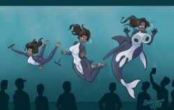 2025 against_surface anthro aquarium areola artist_name beingobscene biped black_areola black_body black_nipples blue_background blush breast_expansion breasts brown_hair bubble cetacean chess_(chesshire) cleaning_tool clothed clothed_female clothing colored countershade_neck countershade_tail countershade_torso countershading crowd dolphin dorsal_fin expansion female fin fin_growth foreground_silhouette genitals green_eyes group hair hi_res human human_to_anthro humanoid_face interrobang legless limbs_merging long_hair looking_back_at_self looking_down_at_another mammal marine markings membrane_(anatomy) merfolk motion_lines nipples nude nude_anthro oceanic_dolphin on_glass orca pussy shaded signature simple_background solo_focus species_transformation split_form swimming tail text toothed_whale transformation transformative_clothing underwater url vivarium water webbed_hands wetsuit whale_tail white_body white_countershading white_markings year