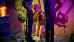 1girl2boys 3d black_canary black_canary_(injustice) blowjob dark-skinned_male dc dc_comics dinah_lance fellatio green_arrow_(series) handjob holding_penis injustice_2 netherrealm_studios on_knees police_uniform skyliner79 standing street sucking_penis threesome