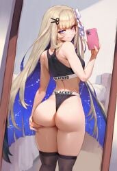 1girls ai_generated amanogawa_shiina ass ass_focus ass_grab blacked blacked_clothing blonde_hair blue_eyes dark-skinned_male female female_only geo-san geosan light-skinned_female light_skin selfie smile underwear v