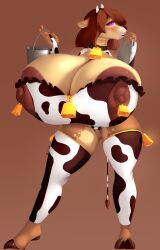 absurd_res animal_print anthro areola big_areola big_breasts big_nipples bodily_fluids breasts brown_areola brown_background brown_hair bucket clothing container cow_print cowbell deer dibujosv12 female hi_res hooves huge_areola huge_breasts huge_nipples legwear mammal nipple_piercing nipples piercing simple_background solo tail tail_tuft thigh_highs tuft