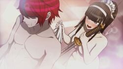 1boy 1girls blush breasts cg covered_nipples embarrassed_nude_male female holy_jumonji_sword kyoshika_magadori male nude official_art rui_komatsuzaki shower takumi_sumino the_hundred_line_-last_defense_academy-