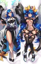 absurdres angel_wings arms_behind_head artist_name asymmetrical_wings belt black_flower black_panties braid braided_ponytail breasts center_opening commentary dakimakura_(medium) dizzy_(guilty_gear) english_commentary female flower front_slit gluteal_fold guilty_gear guilty_gear_strive guilty_gear_xrd hair_between_eyes hair_ornament hair_ribbon hair_rings hakuramen halo high_heels highres large_pectorals long_hair long_skirt low-tied_long_hair mature_female monster_girl multiple_views navel necro_(guilty_gear) one_eye_closed outstretched_arm panties pectorals queen_dizzy ribbon sidelocks skindentation skirt spiked_halo swept_bangs thick_thighs thigh_gap thighs twintails underboob underwear undine_(guilty_gear) white_flower wings yellow_flower