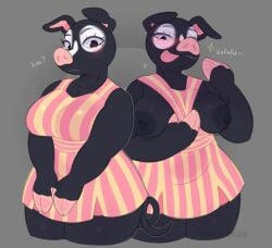 2024 agnes_(animal_crossing) animal_crossing black_body black_eyes black_fur black_skin blush breasts chubby chubby_female dress_pull female female_only flashing flashing_breasts furry grey_background hooved_fingers looking_at_viewer nintendo nipples pig pig_girl pink_dress snailerpark sticking_out_tongue sticking_tongue_out striped_dress thick_thighs thighs white_fur yellow_dress