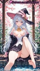 1girls 2025 ai_generated bangs bare_shoulders barefoot black_headwear black_skirt blue_hair bow bowtie breasts breasts_out collared_shirt elaina_(majo_no_tabitabi) feet hat hi_res highres knee_up legs long_hair looking_at_viewer medium_breasts natsuyoru nipples no_panties off_shoulder open_clothes patreon pleated_skirt pussy shaved_vagina shirt sitting skirt sleeveless_shirt soles solo thighs toes uncensored vagina voluptuous voluptuous_female wandering_witch_:_the_journey_of_elaina water white_hair white_shirt witch_hat