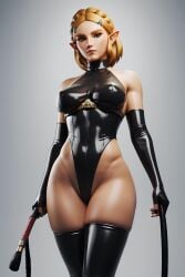 ai_generated black_eyeliner black_fingernails blonde_hair breath_of_the_wild dominant dominant_female domination elf eye_contact female female_elf green_eyes hourglass_figure hyrule_warriors latex latex_clothing latex_dress latex_gloves latex_suit latex_thighhighs looking_at_viewer looking_down natural_breasts nintendo princess_zelda serious_look the_legend_of_zelda the_legend_of_zelda:_breath_of_the_wild triforce triforce_symbol whip zelda_(breath_of_the_wild)