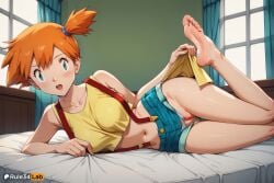 1girls ai_generated anime_girl anime_style bare_arms bare_shoulders barefoot blush breasts clothes_lift clothing_aside collarbone crop_top curtains denim denim_shorts feet green_eyes hi_res indoors kasumi_(pokemon) kasumi_(pokemon) leg_up looking_at_viewer lying medium_breasts midriff navel on_bed on_side open_mouth orange_hair panties panties_aside patreon_username pokemon pokemon_(anime) pokemon_(classic_anime) pokemon_(game) pussy rule34lab shirt short_hair shorts side_ponytail sleeveless soles solo suspender_shorts suspenders teeth toes tongue uncensored underwear white_panties window