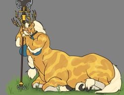 absurd_res antlers big_breasts blonde_hair braided_hair breasts breath_of_the_wild clothing digital_drawing_(artwork) digital_media_(artwork) equid equine felid feline female female_only fur grass gremlinchalk hair hi_res holding_melee_weapon holding_weapon hooves horn horns horse lance lion lying lying_down lying_on_ground lying_on_stomach lynel mammal melee_weapon muscular muscular_female nintendo on_front on_ground pantherine plant polearm scar scared scars scars_all_over simple_background solo spear striped_body stripes taur tears_of_the_kingdom the_legend_of_zelda topwear weapon wraps yellow_body yellow_fur