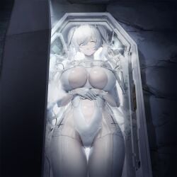 anachiro_(nikke) cinderella_(nikke) closed_eyes coffin female goddess_of_victory:_nikke large_breasts official_art red_eyes silver_hair solo tagme white_hair wide_hips