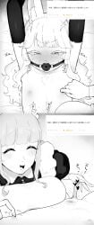 1boy 1girls animal_genitalia animal_penis ball_gag clothed_female_nude_male cum female female_on_femboy femdom gagged_male glans_stimulation glansjob just_the_tip large_breasts maid male medium_penis monochrome nipple_stimulation nipple_tweak stefvanian straight