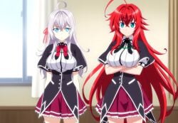 2girls ahoge ai_generated alisa_mikhailovna_kujou big_ass_(female) big_breasts blue_eyes crimson_hair_female crossed_bangs crossover crossover_ship crossover_shipping curvy_females demon_girl females_only hair_ribbon high_school_dxd hourglass_figured_female huge_ahoge interspecies lesbians light-skinned_female long_hair_female loose_hair lovehuwu milky_white_skin red_ribbon rias_gremory russian_girl schoolgirl_uniform schoolgirls silver_hair_female sky_blue_eyes smile thick_thighs tokidoki_bosotto_russian_de_dereru_tonari_no_alya-san very_long_hair_female voluptuous_female wide_hipped_female yuri