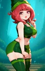 1girls :3 ai ai_assisted ai_generated betilla_(rayman)_(cosplay) big_ass big_breasts female forest forest_background green_clothing green_hat klara_(pokemon) pink_hair pixai pokemon pokemon_ss purple_hair rayman_origins solo thick_thighs