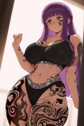 big_breasts blacked blacked_clothing fern_(sousou_no_frieren) long_hair qos_tattoo queen_of_spades sousou_no_frieren thick_thighs