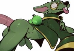 absurd_res anthro balls biped blep bottomless buckteeth clothed clothing erection eyewear fingers foreskin fur genitals goggles green_body green_fur hi_res humanoid_genitalia humanoid_penis league_of_legends looking_at_viewer male mammal meatshaq murid murine penis rat riot_games rodent rodent_tail simple_background solo teeth tencent tongue tongue_out topwear twitch_(lol) white_background