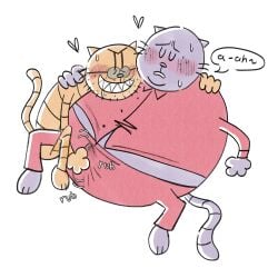 2025 anthro big_jim_(dog_man) blush bodily_fluids bottomwear bulge clothing dog_man_(series) domestic_cat drooling duo english_text eyewear felid feline felis glasses grampa_(dog_man) hi_res hug male male/male mammal ohmeowgay overweight overweight_male pants saliva shirt simple_background text topwear white_background