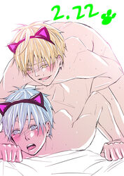 2boys animal_ears blonde_hair blue_eyes blue_hair blush cat_ears from_behind gay kise_ryouta kuroko_no_basuke kuroko_tetsuya male multiple_boys saliva sweat yaoi yellow_eyes