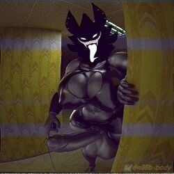 1:1 3d_(artwork) analog_glitch anthro armwear backrooms_creature balls big_balls big_breasts big_penis black_body black_fur bodily_fluids bottomwear breasts cleavage clothed clothing digital_media_(artwork) ear_piercing empty_eyes exposed_breasts fishnet_clothing fur genital_fluids genitals glitch gynomorph hi_res horror_(theme) humanoid intersex karelia_(ace_rattman) latex latex_clothing long_tongue looking_at_viewer looming n00b-body nails obscured_face penis piercing precum shirt shorts slightly_chubby smile smiler_(the_backrooms) smug solo standing teasing the_backrooms thick_thighs tongue topwear vhs_filter white_eyes white_tongue wide_hips