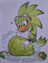 absurd_res after_vore anthro badfoxxxrage belly big_belly digestion_noises hi_res jet_the_hawk male oral_vore same_size_vore sega solo sonic_(series) sonic_riders sonic_the_hedgehog_(series) stomach_bulge traditional_media_(artwork) vore