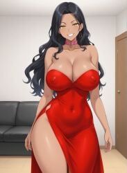 1woman ai_generated assertive_female bare_shoulders black_hair cleavage curvy_hips dark-skinned_female dark_skin dominant_female earrings hourglass_figure huge_breasts indoors interior interior_background kuro_inazuma large_breasts latina living_room long_hair nipples_visible_through_clothing parted_bangs party_dress pink_dog_collar ready_for_sex ready_to_fuck red_dress side_slit skimpy_clothes skimpy_dress solo solo_female solo_focus thicc_thighs trophy_wife visible_nipples voluptuous voluptuous_female wavy_hair wide_hips yellow_eyes
