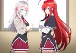 2girls ahoge ai_generated alisa_mikhailovna_kujou big_ass big_ass_(female) big_breasts blue_eyes crimson_hair_female crossed_bangs crossover crossover_ship crossover_shipping curvy_females demon_girl females_only hair_ribbon high_school_dxd hourglass_figured_female huge_ahoge interspecies lesbians light-skinned_female long_hair_female loose_hair lovehuwu milky_white_skin red_ribbon rias_gremory russian_girl silver_hair_female sky_blue_eyes smile tokidoki_bosotto_russian_de_dereru_tonari_no_alya-san very_long_hair_female voluptuous_female wide_hipped_female yuri