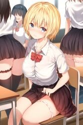 4girls ass black_hair black_skirt blonde_hair blue_eyes blush bow bowtie bralines breasts brown_hair chair classroom closed_mouth clothes_lift collared_shirt desk dress_shirt duplicate faceless faceless_female frilled_thigh_strap highres indoors large_breasts long_hair looking_at_viewer miniskirt multiple_girls nose_blush open_mouth original panties panties_around_one_leg pixel-perfect_duplicate pleated_skirt red_bow school_chair school_desk school_uniform shirt short_hair short_sleeves sitting skirt skirt_lift smile solo_focus sune_(mugendai) thigh_strap thighs underwear white_panties white_shirt window