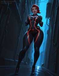1girls ai_generated alley black_widow_(marvel) black_widow_(marvel_rivals) bodysuit high_heels large_breasts marvel marvel_rivals night open_mouth red_lipstick smile standing thick_thighs vertiloart