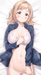 1girls :o absurdres bed_sheet blue_pajamas blush bra breasts brown_eyes brown_hair cleavage collarbone highres idolmaster idolmaster_shiny_colors kijibato_123-gou long_sleeves looking_at_viewer lying medium_breasts navel on_back open_clothes pajamas panties panty_pull pulling_own_clothes sakuragi_mano short_hair solo underwear white_bra white_panties