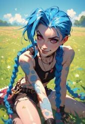 1girls ai_generated arcane blue_hair female female_focus female_only grass_field jinora12345 jinx_(league_of_legends) league_of_legends looking_at_viewer purple_eyes riot_games sfw