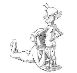 1boy 1girls harmfulplant line_art mr_ring-a-ding nude self_insert