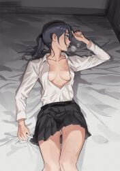 1girls absurdres black_eyes black_hair black_skirt blush breasts commentary duc_94 embarrassed english_commentary heavy_breathing highres long_hair lying no_bra on_back open_clothes open_shirt original panties pleated_skirt ponytail school_uniform shirt skirt solo sweat underwear white_panties white_shirt
