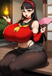 1girls adapted_costume ai_generated amagi_yukiko atlus bare_shoulders bimbo bimbo_body bimbofication bimbofied blush breasts breasts_bigger_than_head bush choker collarbone colored_nails detached_sleeves eyeshadow fan female fire foliage glasses hairband hand_fan holding_fan huge_ass huge_breasts lipstick long_nails magic makeup massive_breasts microskirt midriff navel novelai outdoors pantyhose persona persona_4 porch puckered_lips school_uniform seductive seductive_look sitting skirt sliding_doors smile solo solo_female tgm101_(artist) thick_thighs thin_waist thong tree trees wide_hips