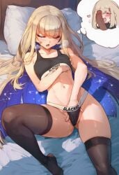 1girls ai_generated amanogawa_shiina blacked blacked_clothing blonde_hair blue_eyes dark-skinned_male dark_penis dark_skin dream dreaming female female_only geo-san geosan light-skinned_female light_skin male masturbation penis underwear