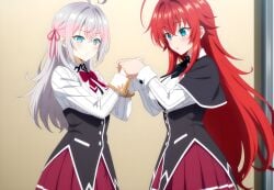 2girls ahoge ai_generated alisa_mikhailovna_kujou big_ass_(female) big_breasts blue_eyes blush crimson_hair_female crossed_bangs crossover crossover_ship crossover_shipping curvy_females demon_girl females_only grabbing_another's_hand hair_ribbon high_school_dxd hourglass_figured_female huge_ahoge interspecies lesbians light-skinned_female long_hair_female loose_hair lovehuwu milky_white_skin red_ribbon rias_gremory russian_girl schoolgirl_uniform schoolgirls silver_hair_female sky_blue_eyes tokidoki_bosotto_russian_de_dereru_tonari_no_alya-san very_long_hair_female voluptuous_female wide_hipped_female yuri