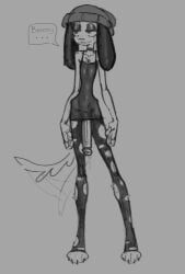 2024 anthro beanie big_ears big_penis canid canine canis casual_exposure choker claws clothing digital_drawing_(artwork) digital_media_(artwork) domestic_dog english_text eyelashes eyeshadow femboy genitals greyscale hat headgear headwear hi_res humanoid_genitalia humanoid_penis jewelry legwear makeup male mammal monochrome necklace penis puppynsfw slim slim_anthro solo speech_bubble standing tail tail_motion tailwag text thigh_highs tight_clothing toe_claws torn_thigh_highs