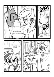 2012 anus applejack_(mlp) barn black_and_white blush comic cowboy_hat cutie_mark dialogue english_text equine female freckles friendship_is_magic hat headgear horse kyokimute monochrome my_little_pony pegasus plain_background pony presenting pussy rainbow_dash_(mlp) smooth_skin text white_background wings