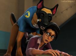 bestiality black_hair canid canine canis domestic_dog female feral green_eyes guard_dog_(tf2) knot knotted_penis male miss_pauling miss_pauling_(team_fortress_2) non-con non-consensual penis precum rape sfm source_filmmaker straight team_fortress_2 tf2