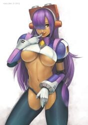 bad_id bad_pixiv_id black_thighhighs breasts brown_eyes capcom crop_top dark-skinned_female dark_skin dated female finger_to_mouth hair_over_one_eye headgear large_breasts layer layer_(mega_man) long_hair mega_man mega_man_(series) mega_man_x mega_man_x_(series) mole naughty_face navel photoshop_(medium) purple_hair simple_background smile solo thighhighs thighs underboob vasily_(run211) white_background