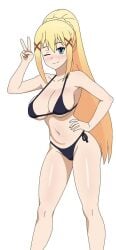1girls big_breasts bikini bikini_bottom bikini_top blonde_hair blue_eyes blush bottomwear breasts cleavage darkness_(konosuba) female female_only frixtied hair hips huge_breasts kono_subarashii_sekai_ni_shukufuku_wo! ponytail solo solo_female swimwear thighs topwear