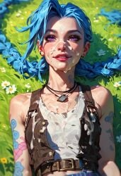 1girls ai_generated arcane blue_hair cum cum_on_body cum_on_clothes cum_on_face female female_focus female_only jinora12345 jinx_(league_of_legends) laying_on_back league_of_legends looking_at_viewer riot_games