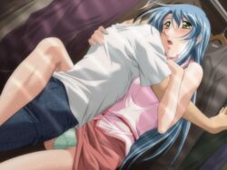 blue_eyes blue_hair blush game_cg green_panties hug long_hair open_mouth panties sagara_arisa sagara_family saliva skirt skirt_lift sweat uncensored underwear yamane_masahiro yellow_eyes zyx