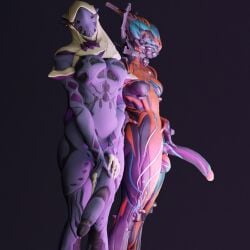 2futas 3d big_penis breasts digital_extremes duo futanari genitals herm huge_cock humanoid intersex intersex/intersex long_penis penis simple_background standing tencent thorius touching_penis valkyr_(warframe) warframe warframe_(species) wisp_(warframe)