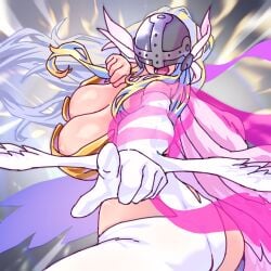 1girls 2d angel angel_girl angel_wings angewomon ass asymmetrical_clothes asymmetrical_legwear bare_shoulders big_breasts blonde_hair breasts collarbone covered_eyes digimon digimon_(species) digimon_adventure digital_media_(artwork) elbow_gloves female female_focus female_only gerusyu gloves head_wings helmet helmet_over_eyes highres large_breasts larger_female light-skinned_female light_skin looking_at_viewer mature_female shiny_skin simple_background skindentation thick_thighs thigh_strap thighs toei_animation torn_clothes wrist_wings
