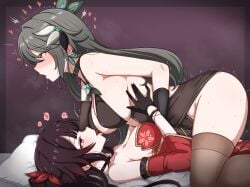 2girls bed black_dress breast_sucking breasts brown_dress brown_gloves brown_hair brown_thighhighs china_dress chinese_clothes commentary_request detached_sleeves dress gloves grabbing_another's_breast groping hair_ornament heart highres honkai:_star_rail honkai_(series) honkai_impact_3rd large_breasts licking long_hair lying milliani multiple_girls on_back pillow pink_eyes purple_background red_dress red_eyes red_sleeves saliva sparkle_(honkai:_star_rail) spoken_heart thighhighs very_long_hair vita_(honkai_impact) yuri