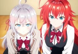 2girls ahoge ai_generated alisa_mikhailovna_kujou big_breasts blue_eyes blush crimson_hair_female crossed_bangs crossover crossover_ship crossover_shipping demon_girl females_only hair_ribbon high_school_dxd huge_ahoge interspecies lesbians light-skinned_female long_hair_female loose_hair lovehuwu milky_white_skin red_ribbon rias_gremory russian_girl schoolgirl_uniform schoolgirls silver_hair_female sky_blue_eyes tokidoki_bosotto_russian_de_dereru_tonari_no_alya-san very_long_hair_female yuri