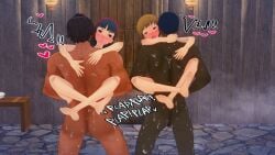 2boys 2girls 3d 3d_(artwork) 3d_model amagi_yukiko atlus bob_cut curvy_figure dark-skinned_male enjoying girl koikatsu leg_lock long_hair long_penis muscular_male onsen oshino3d persona persona_4 satisfied satonaka_chie sauna sex tagme text towel towel_only vaginal_penetration