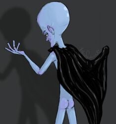 2023 alien alien_humanoid artist_name ass bald blue_body blue_skin cape clothing dreamworks dreamworks_animation hi_res humanoid looking_at_viewer male megamind megamind_(character) misterspectacular nude rear_view shadow smile solo text