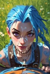 1girls ai_generated arcane blue_hair cum cum_on_face female female_focus female_only jinora12345 jinx_(league_of_legends) league_of_legends looking_at_viewer purple_eyes riot_games