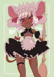 absurd_res accessory anthro blush blush_stickers bodily_fluids bottomwear broom cleaning_tool clothing dark_body dark_skin female flat_chested furgonomics hair hair_accessory hairclip hi_res maid_headdress maid_uniform mammal mouse mouse_ears mouse_tail murid murine pink_eyes rakuda0330 ribbons rodent sex_toy skirt solo sweat sweatdrop tail tail_accessory tail_ribbon twintails_(hairstyle) uniform vibrator white_hair